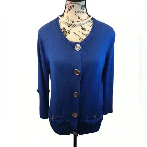 Anne Klein Large Royal Blue Knit Sweater Button Front Large Buttons 3/4 Sleeve - Picture 1 of 8